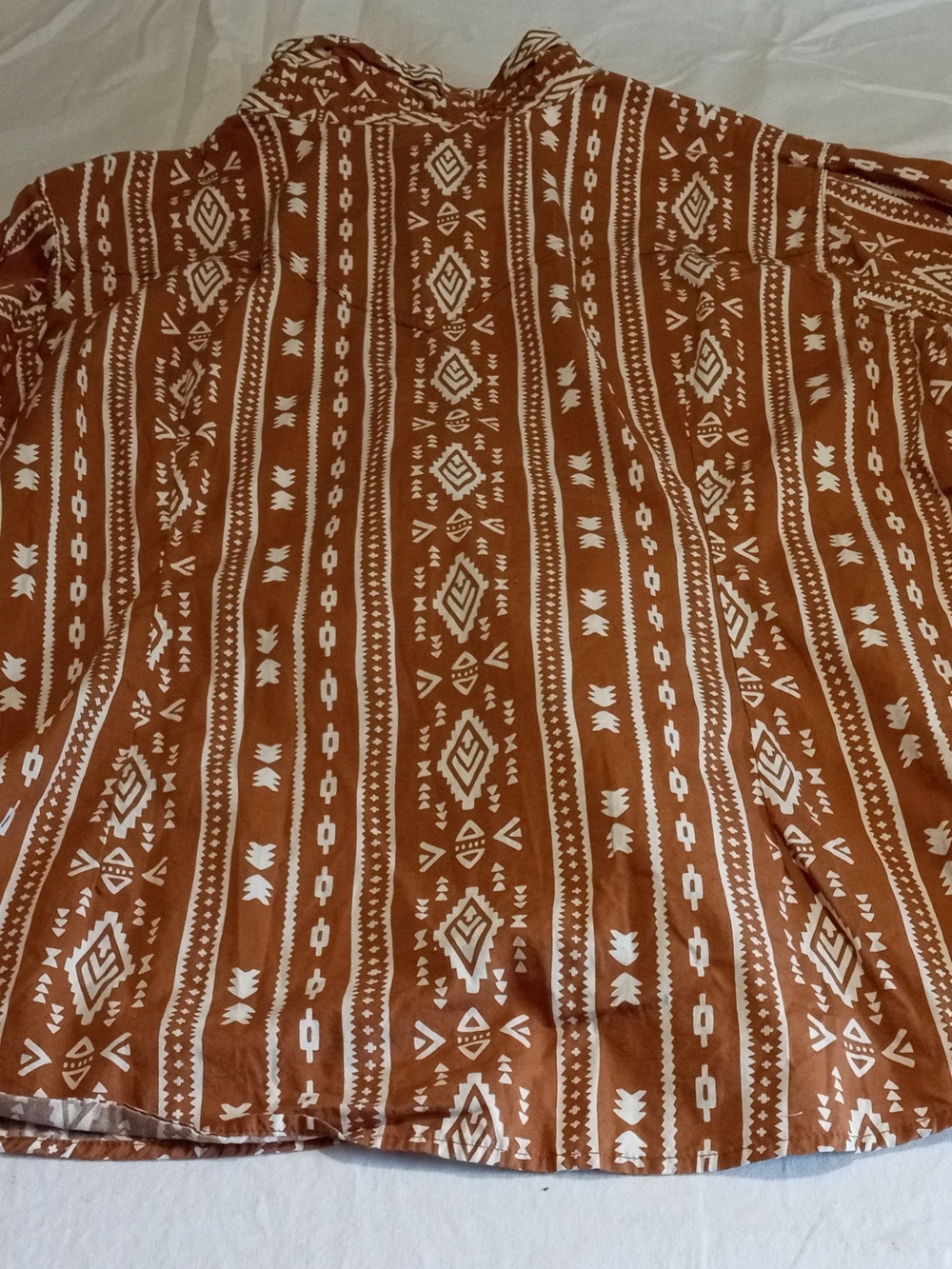 Men's Casual Button-Down Shirt in Rust with White Aztec Print Pearl Snap